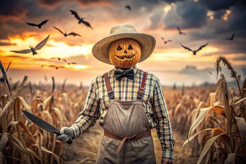 The concept of the Halloween holiday. Horror. Fear. A scary scarecrow with a pumpkin for a head, in a plaid shirt and a bow tie. Banner, postcard.