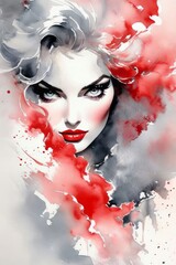 Elegant fashion woman with red lips makeup watercolor illustration in grey and red color. Young and beautiful girl liquid acrylic painting. Banner with copy space