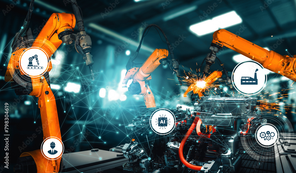Aufkleber mlp mechanized industry robot arm for assembly in factory production line. concept of artificial int