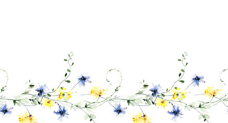Watercolor seamless floral border frame on white background. Yellow, blue wild flowers, branches, leaves and twigs.
