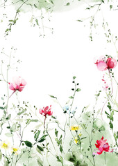 Watercolor floral frame on white background. Red, yellow growing wild flowers, green herbs, leaves and twigs.