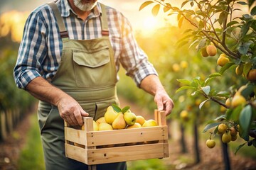 Agricultural industry. A wooden box with pears in the hands of a male farmer. The gardener is harvesting a rich harvest. Close-up, sunlight. Autumn harvest of fruits and vegetables. - obrazy, fototapety, plakaty