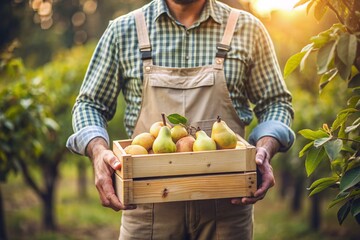 Agricultural industry. A wooden box with pears in the hands of a male farmer. The gardener is harvesting a rich harvest. Close-up, sunlight. Autumn harvest of fruits and vegetables.