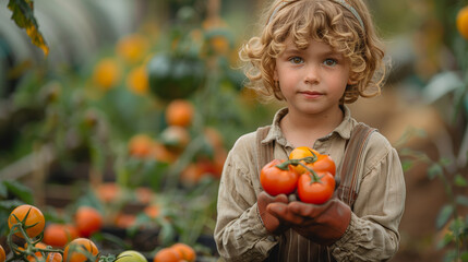Fototapeta na wymiar A LITTLE BOY WEARING GREEN CLOTHES IN A VEGETABLE GARDEN HOLDING TOMATOES SURROUNDED BY TOMATO PLANTS