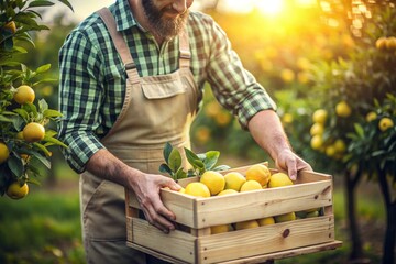 Agricultural industry. A wooden box with lemons in the hands of a male farmer. The gardener is harvesting a rich harvest. Close-up, sunlight. Autumn fruit picking. - obrazy, fototapety, plakaty