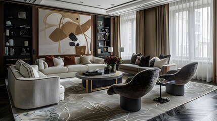 The furniture in this room is a study in contrasts, with sleek lines and bold silhouettes softened by plush upholstery and delicate embellishments