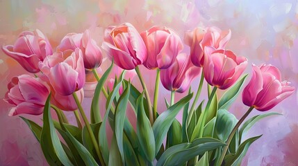 Obraz premium A vibrant arrangement of pink tulips set against a soft pastel backdrop