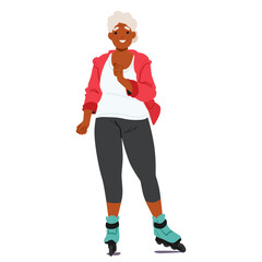 Aged Black Woman Wearing Sportswear, Rollerblading And Giving Smiling Isolated On White Background. Vector Illustration