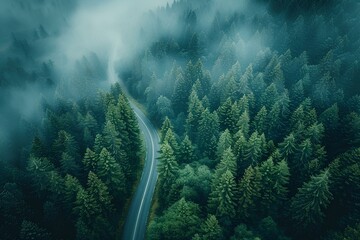 A road winding through a forest with fog in the air and trees on either side of it with a car