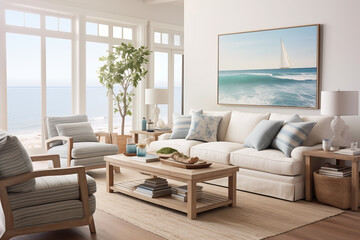 Fototapeta premium A modern coastal living room and nautical details provide a relaxed seaside vibe.