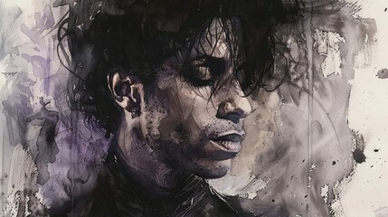 Impressionistic watercolor painting, portrait of Prince, loose sketch lines, moody scene with dark background