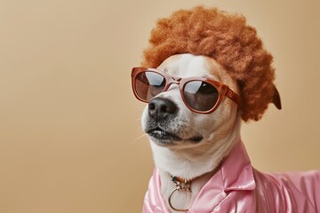 Chic Pink Ensemble: Dog in Afro Wig and Trendy Sunglasses
