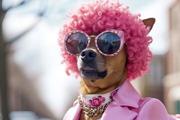 Dapper Dog in Vogue: Pink Suit, Afro Wig, and Sunglasses