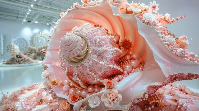 In the exhibition hall, A huge pink shell. Shell is made of sparkling fabric, covered with pearls and many flowers,. Surrealist style, shot from afar with wide-angle lens and soft lighting
