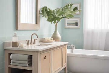 A modern coastal bathroom and nautical details provide a relaxed seaside vibe.