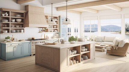 A modern coastal kitchen room and nautical details provide a relaxed seaside vibe.