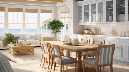 Fototapeta na wymiar A modern coastal kitchen room and nautical details provide a relaxed seaside vibe.