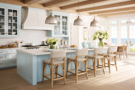 A modern coastal kitchen room and nautical details provide a relaxed seaside vibe.