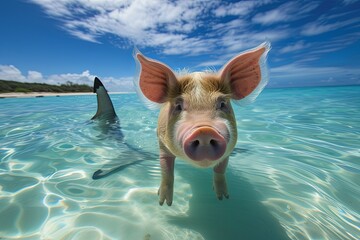 Serene Ocean Scene: Floating Pig and Shark Fin Proximity