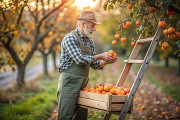Agricultural industry. A wooden box with a persimmon in the hands of a male farmer. The gardener is harvesting a rich harvest. Close-up, sunlight. Autumn fruit picking.