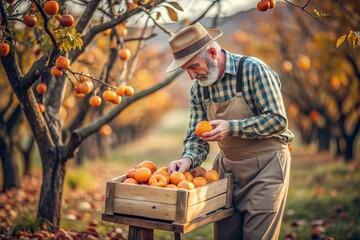 Agricultural industry. A wooden box with a persimmon in the hands of a male farmer. The gardener is harvesting a rich harvest. Close-up, sunlight. Autumn fruit picking.