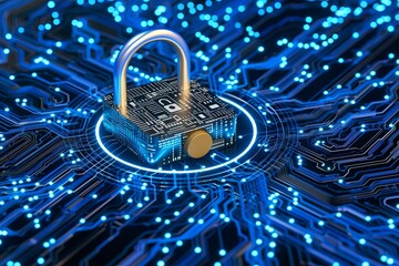 Data Security Visualization: Futuristic Blue Cyber Padlock on Circuit