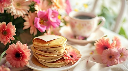 Capture the essence of Mother s Day with a captivating scene a close up shot of a tempting stack of pancakes paired with a lovingly placed card a bunch of vibrant flowers and a steaming cup