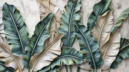 Handpainted banana leaves, white background wall art, light green and dark gray style, meticulous brushwork, deep beige color scheme, 3D relief