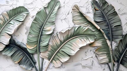 Handpainted banana leaves, white background wall art, light green and dark gray style, meticulous brushwork, deep beige color scheme, 3D relief