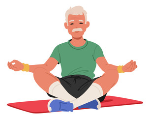 Elderly Man Character Wearing T-shirt Sitting In A Lotus Position On A Yoga Mat. His Hands Resting On His Knees