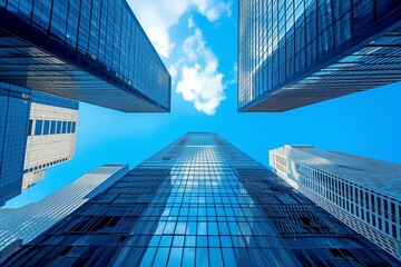 High-Tech Urban Skyscrapers Reflecting Blue Sky Horizon