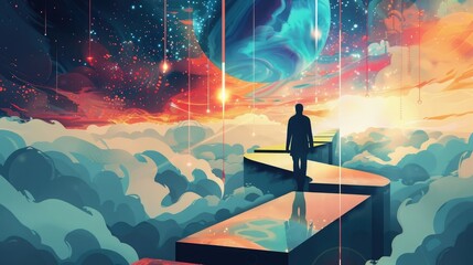 Illustration of man's surreal path, business abstract concept