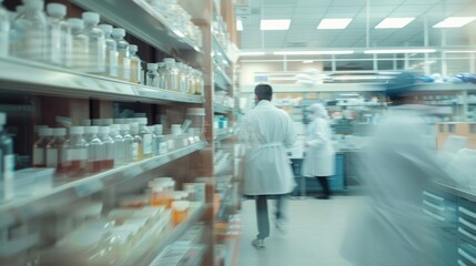 Defocused image of a bustling forensic lab with shelves of test tubes and evidence bags in the background. The lab is abuzz with activity as technicians examine and yze the collected .
