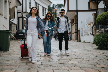 Three young tourists walk through a cobblestone street in a cozy town, showcasing a blend of casual...