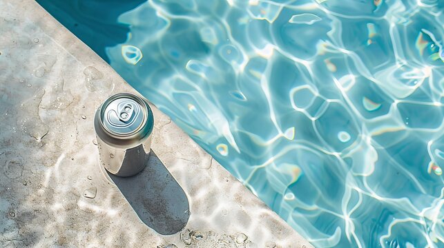 An aluminum beer can lying beside a pool, viewed from above, evoking a casual summer vibe