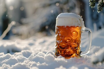 A mug of beer sitting in the snow with a pine tree in the background and snow on the ground a stock