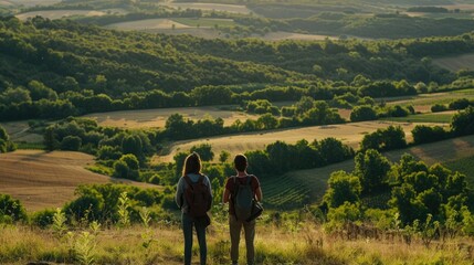 Imagine a captivating scene where a man and a woman, seen from behind, stand side by side, absorbed in the beauty of a vast natural landscape. summer season. The setting, a harmonious fusion 