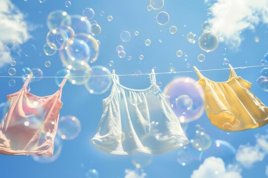 floating clothing in soap bubbles on sky background laundry washing concept photo
