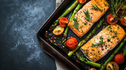 Grilled salmon steak with asparagus and cherry tomatoes on black background. Seafood Concept with Copy Space. 