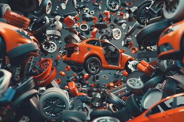 floating disassembled car parts in organized chaos 3d rendering