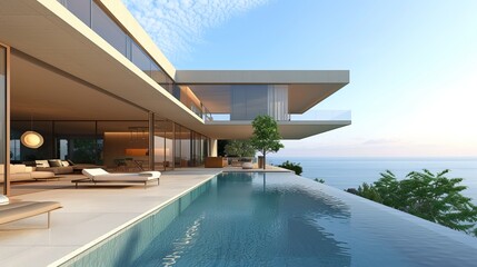 An infinity pool and patio area of a modern house, showcasing a blend of contemporary design and leisure