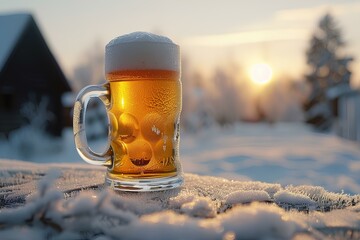 A mug of beer sitting on top of a snow covered ground next to a house and trees in the background a