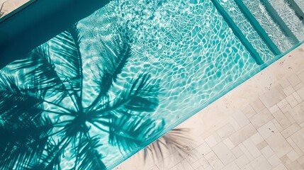 An overhead view of a luxurious swimming pool with the shadow of a palm cast on the water, creating a tropical background ideal for product placement on a podium mockup