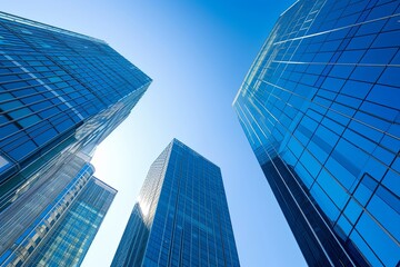 Fototapeta na wymiar Clear Blue Sky above the Modern City: Glossy Skyscrapers Glinting