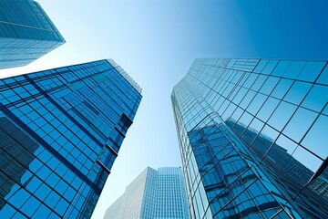 Sky-High Modern Skyscrapers: Reflective Facades Against a Clear Blue Sky