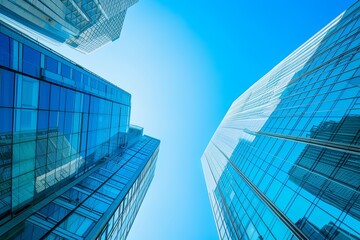 Fototapeta na wymiar Glass Giants: Serene Blue Sky Over Modern Urban Facades