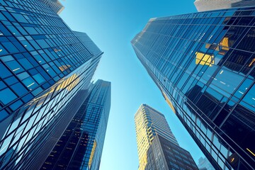 Fototapeta na wymiar Blue Skies Over Modern City: Reflective Skyscrapers in Urban Landscape