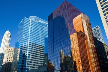 Clear Blue Sky Embraces Modern Metropolis Mirrored Reflections