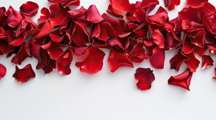Vibrant red rose petals set against a crisp white backdrop perfect for adding a touch of romance to your Valentines Day or wedding messages
