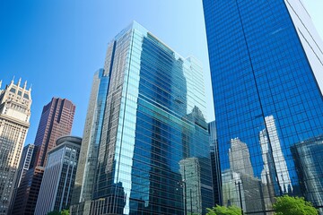 Fototapeta na wymiar Clear Blue Sky Reflections: Modern Metropolis with Spectacular Reflective Buildings